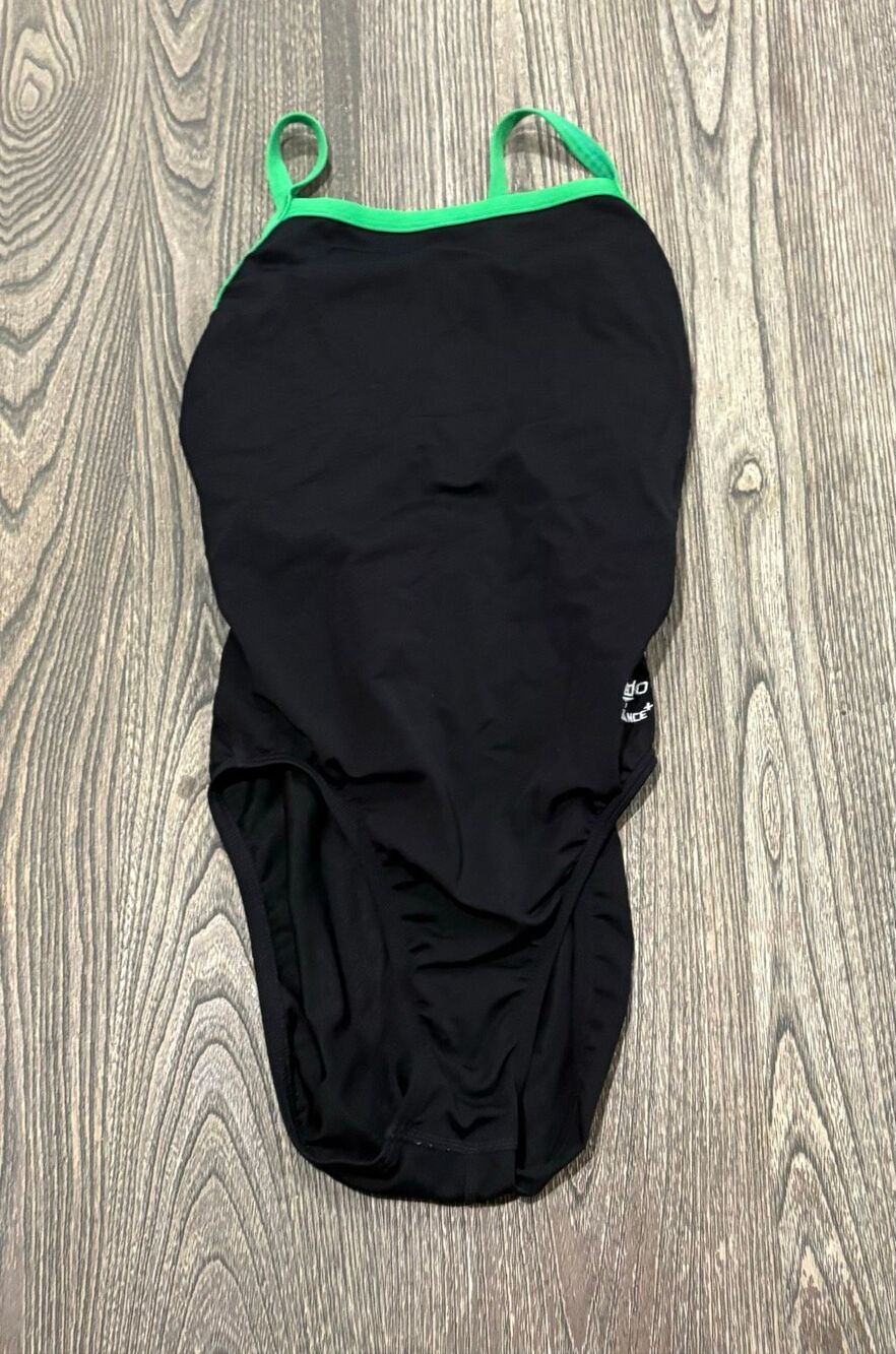 Speedo Womens One Piece Swimsuit Endurance+ Crossback Swimwear Black Green Sz 28